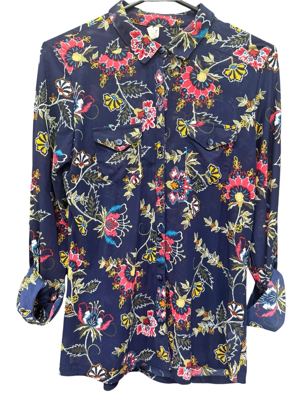 DNA couture Mesh Navy Floral Button-Front Top with Red and Yellow Accents - Picture 3 of 4